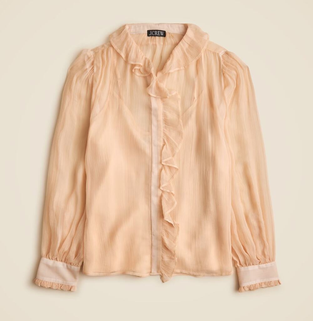 J.Crew Ruffle Button Up Shirt Crinkle Chiffon Sheer Boho Pale Pine Tan US 6 NWT